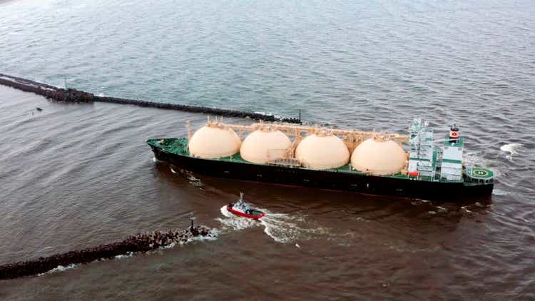 Aerial view of a liquefied natural gas transporter crossing the ocean. Energy crisis.
