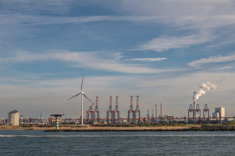 BP refinery behind container terminal, Rotterdam, Netherlands