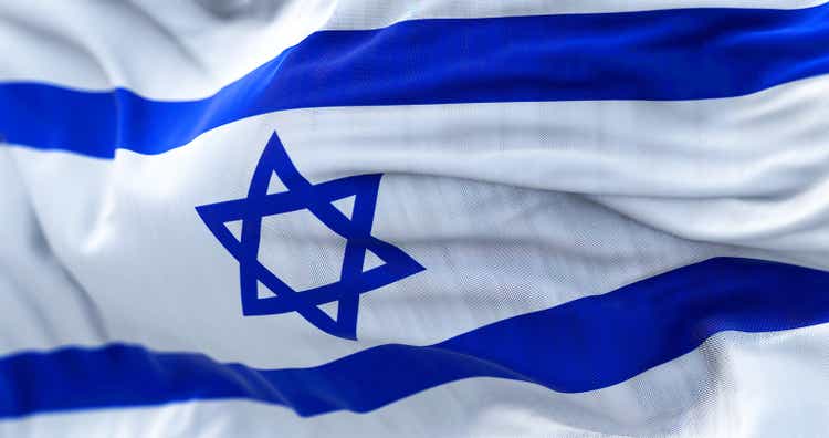 Close-up view of Israeli flag waving in the wind