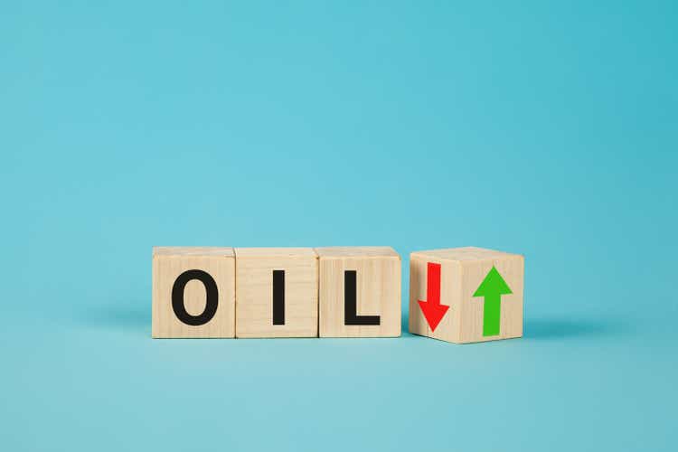 Oil price changes the direction of an arrow symbolizing that the Oil price is changing the trend and goes down of up. Concept of energy resources and business, oil trading