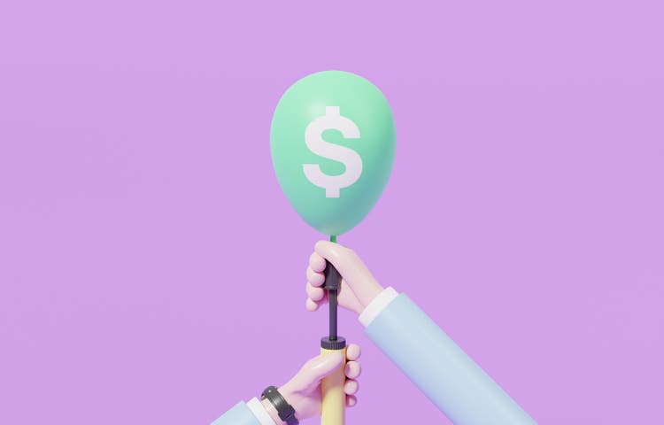 Hands pumping air into inflation balloon, economic bubble, demand-pull inflation or financial crisis concept, 3d render illustration.