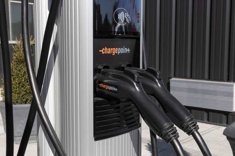 ChargePoint EV Charging Station. ChargePoint plug-in vehicle stations are in business parking lots or home use.