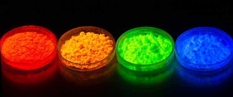 Fluorescent organic materials powder of red, yellow, green color for production OLED inside of glasses bottles in UV light.