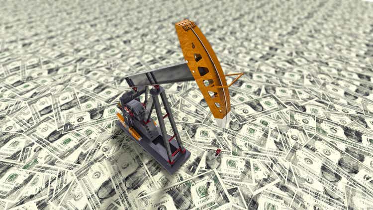 Money vs dirty energy. Jack oil pump against background of money.