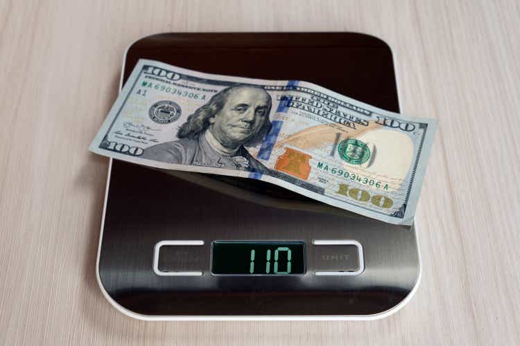 Dollar bills on electronic scales, a symbol of cost appreciation, deflation, overestimation of money. concept of inflation in the United States of America.