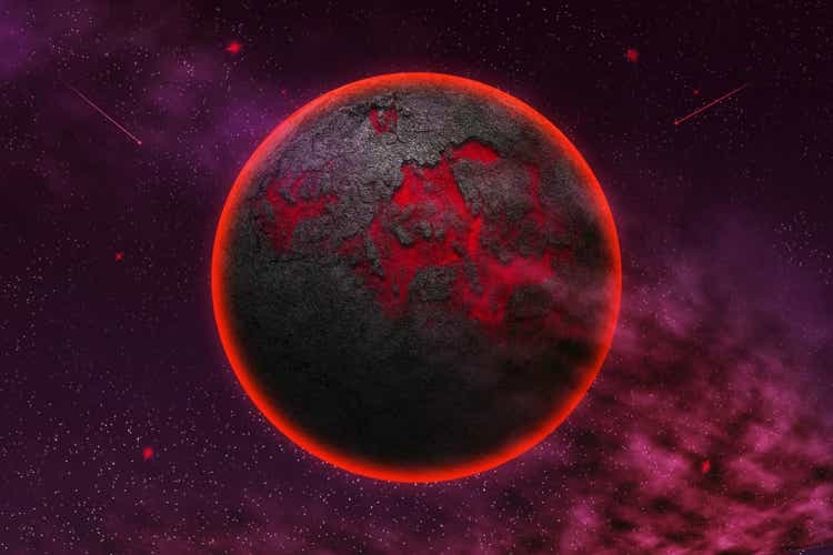 Burning cracked planet in the cosmic sky. 3D illustration. The concept of the destruction of the environment, and nature. Ecological catastrophe. Apocalypse.