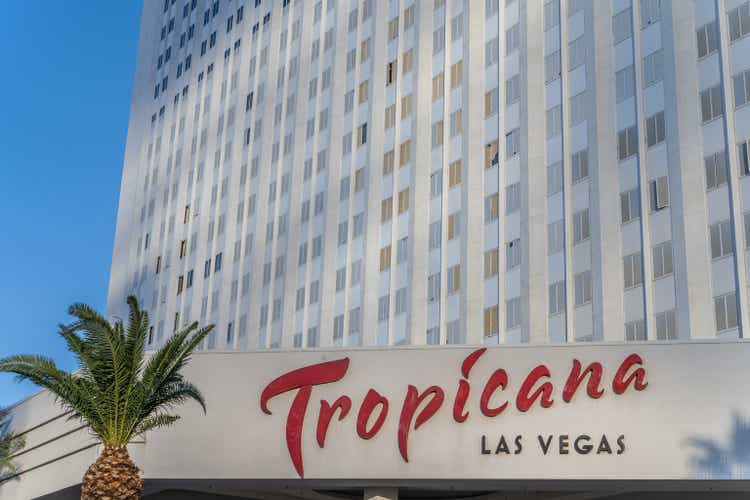 Exterior sign for the Tropicana Hotel and Casino Las Vegas.