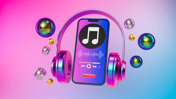 Listening to Music on a Mobile Phone, Music Player With Headphones, 3d Rendering Music Application On Smartphone.