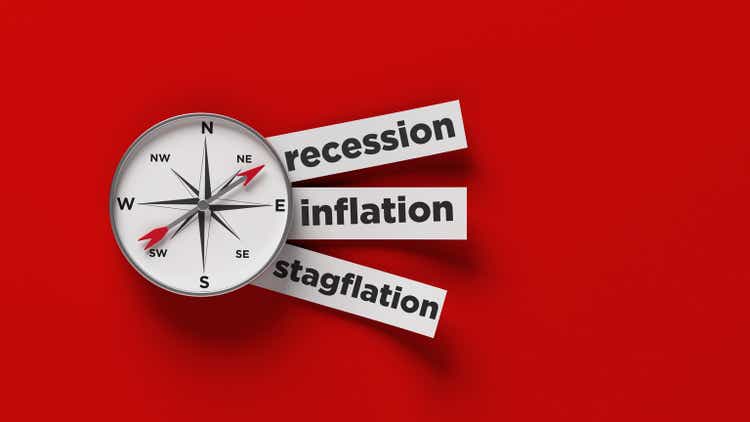 Compass recession inflation and stagflation text on red color background