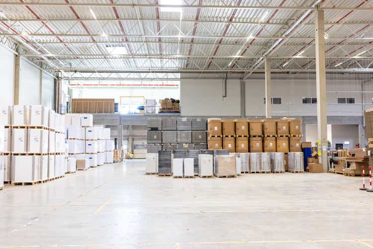 Inside a large logistics warehouse