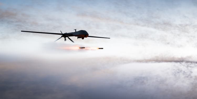 Military combat drone UAV launching missiles