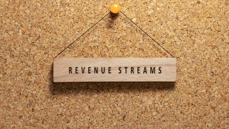 Revenue streams word written on wooden surface. Hanging on wooden board. Business and work