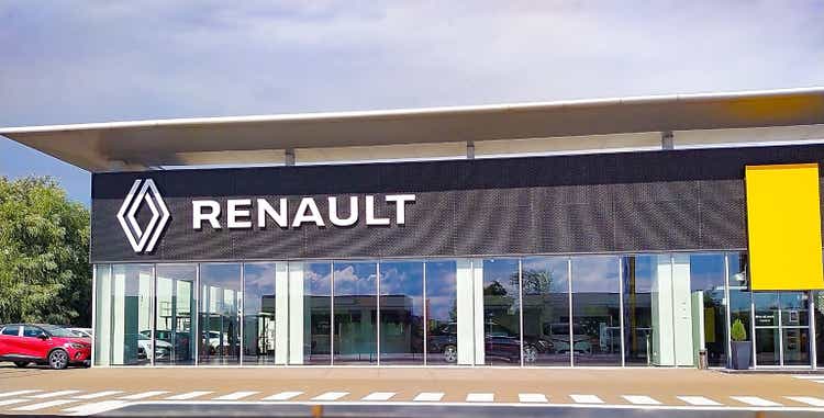 Showroom of Renault. Showroom and car of dealership Renault.