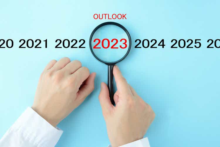 Magnifying glass and 2023 with outlook word