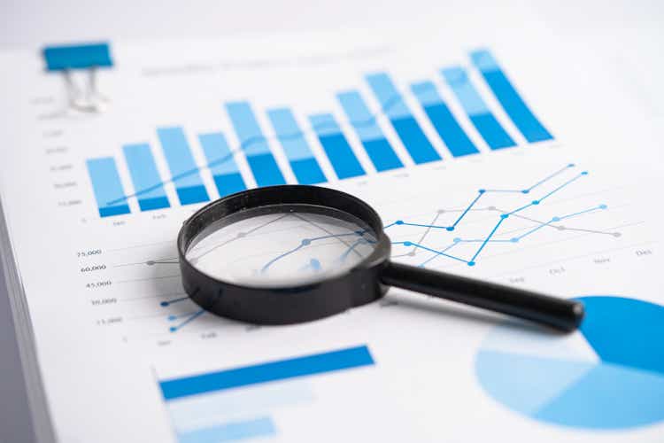 Magnifying glass on charts graphs paper. Financial development, Banking Account, Statistics, Investment Analytic research data economy, Stock exchange trading, Business office company meeting concept.