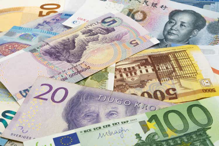 Close-up picture of EUR, Chinese Yuan, Hungarian Forint, Swedish Kronas banknotes