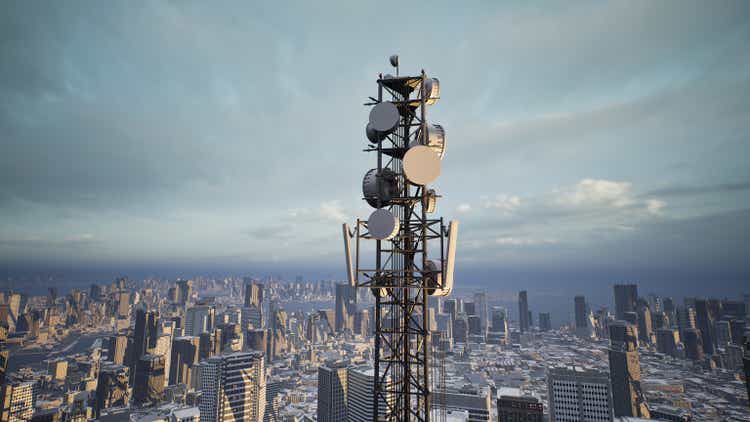 Telecommunication tower with 5G cellular network antenna on city background, 3d render