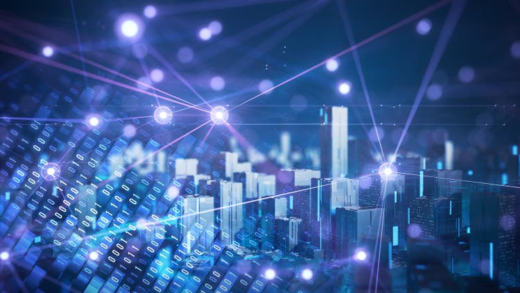 Futuristic Data Structures - Innovation, Binary Code, Cityscape