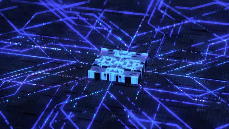 Futuristic artificial intellegence concept. Neon blue CPU in close-up