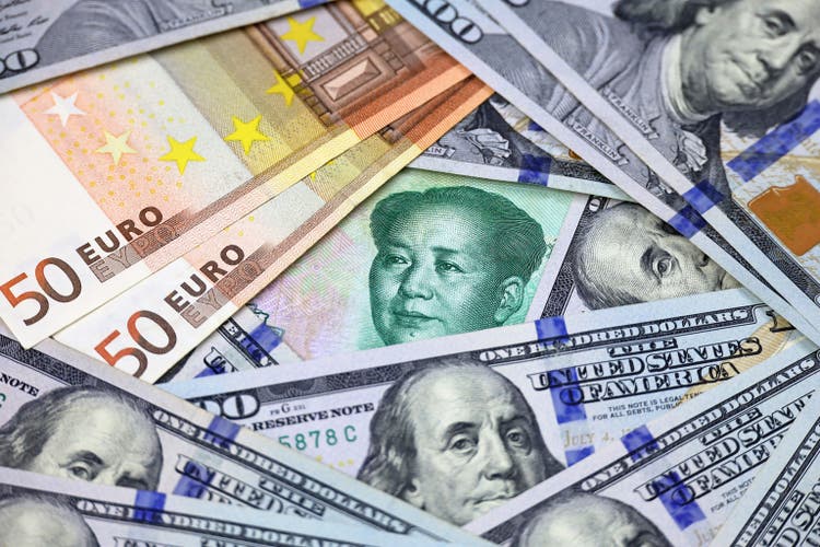 Chinese yuan, US dollars and Euro banknotes.