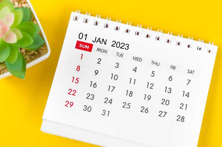 The January 2023 desk calendar for 2023 with plant pot on yellow background.