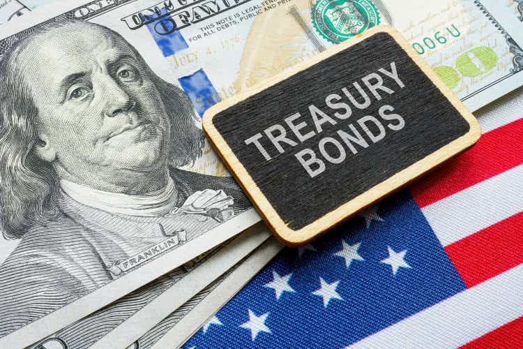 Treasury bonds concept. American flag, dollars and plate.