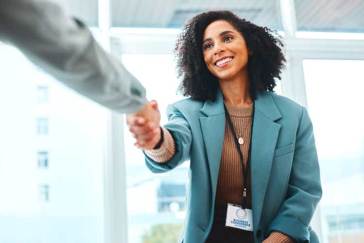 Business woman, b2b or handshake for collaboration, networking or success partnership deal for company support growth. Business people or HR shaking hands for welcome or thank you for job interview