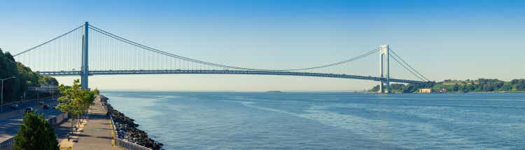 Verrazano-Narrows Bridge, Promenade, Belt Parkway and New York Harbor, New York City, USA.