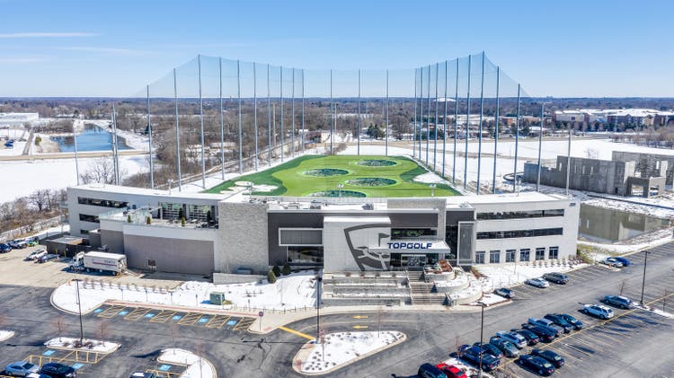 A drone view of TopGolf in Naperville, IL.