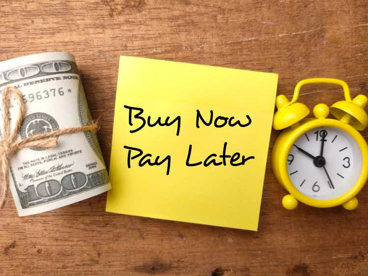 Banknotes,clock and sticky note with the word Buy Now Pay Later.