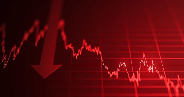 Down crisis financial business market graph on investment economy finance chart background of loss money economic crash exchange or stock recession diagram concept and fall arrow inflation price rate.