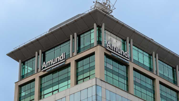 Exterior view of the headquarters building of the Amundi group, Paris, France