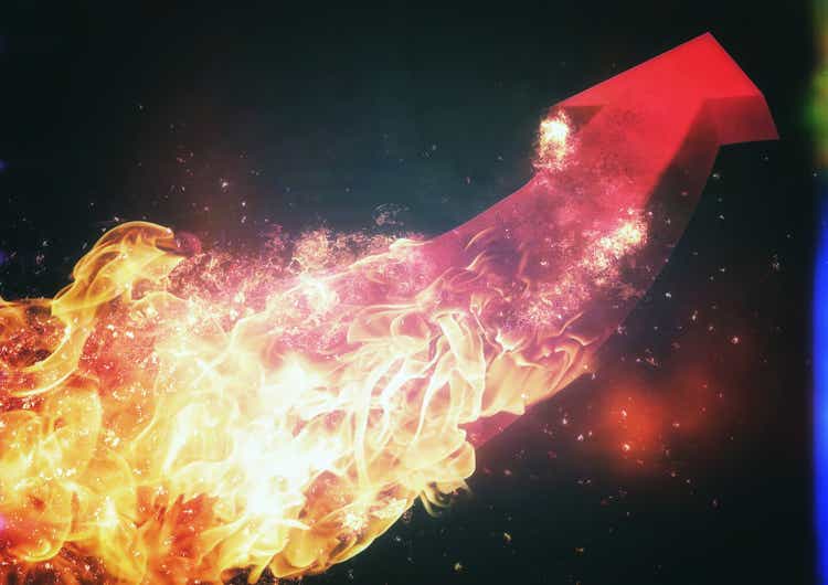 3d rendering red arrow rocket blowing fire