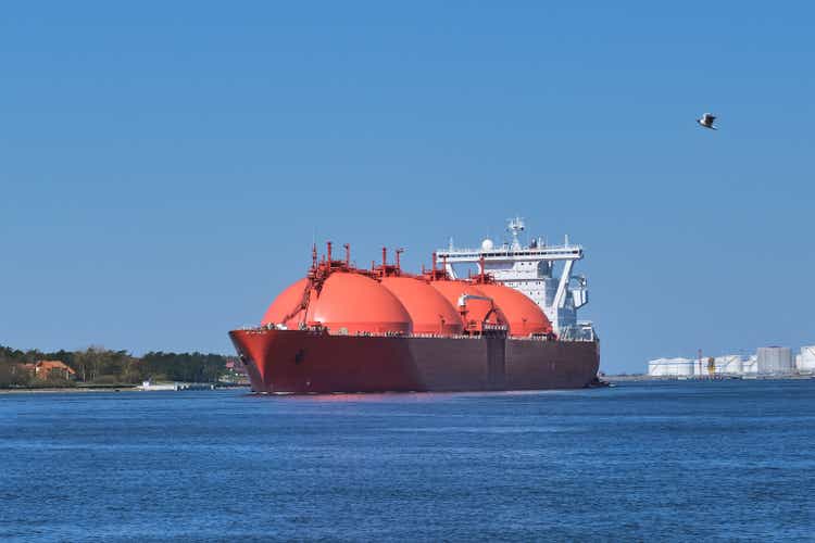 LNG or liquified natural gas tanker enter port on a sunny day in Klaipeda, Lithuania. Alternative gas supply, commercial freight, energy crisis