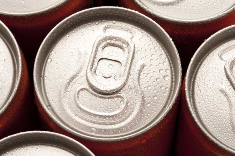 Closeup shot of the ring pull on a can of cold soda with moisture condensation