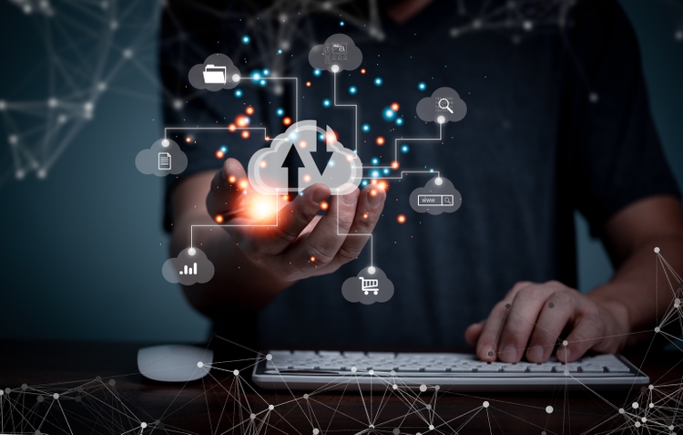 Cloud storage, Digital service data connection application network, transfers data to a server, hosting service. Web-based cloud concept. Business hands holding virtual Clouds services.