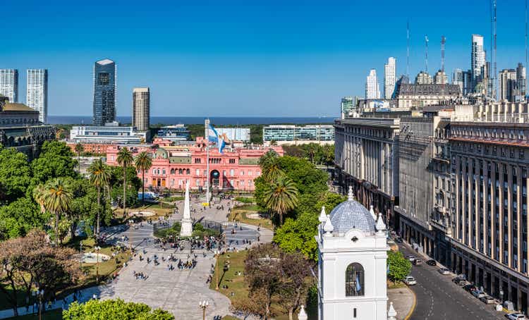 Panoramic view of Plaza de Mayo (Plaza de Mayo) in Buenos Aires - Aerial view of Pink House - Palace of Government of Argentina