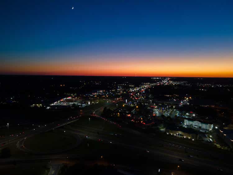 Dramatic scenery of late evening sunset in the city of Hattiesburg, Mississippi