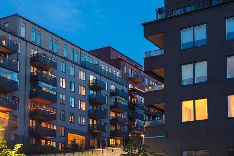 Modern apartment buildings in the evening