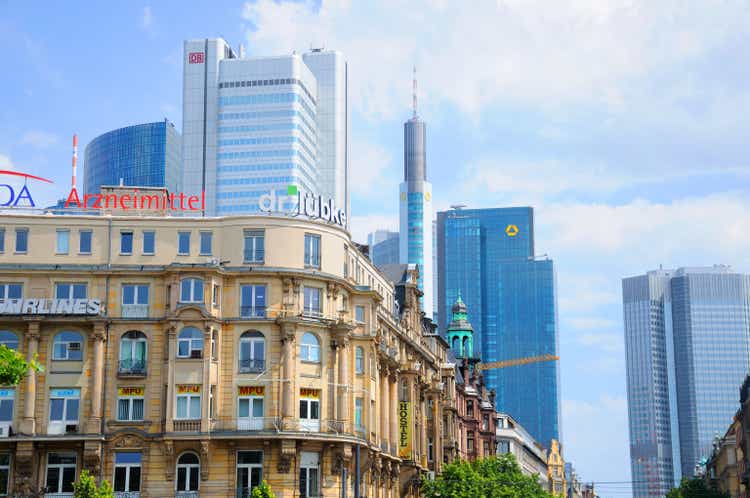 Skyscrapers of Deutsche Bahn and Commerz Bank, Frankfurt am Main, Hessen, Germany