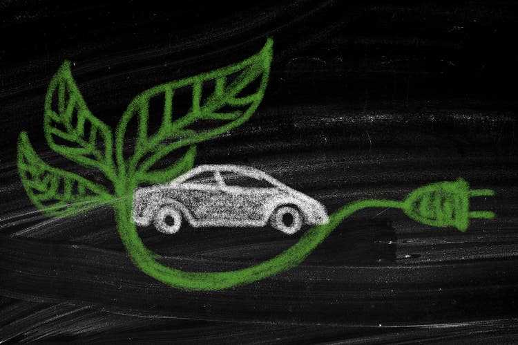 Electric car with plug charging . EV car. Hybrid and electric vehicles charging point. Eco car with electric charge. Eco friendly vehicle concept.