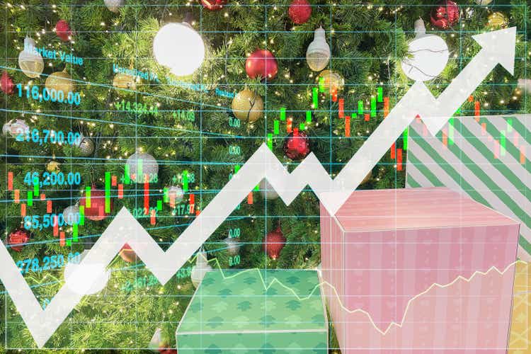 Stock financial index data show successful investment on gifts and holiday items spending on Christmas and New Year with graph, chart, candlesticks and arrow up symbol for business background.