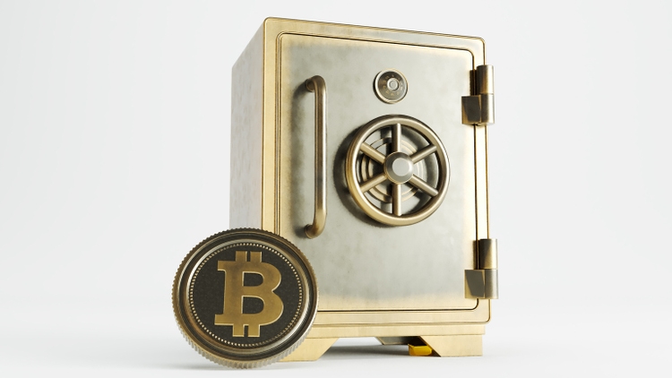 closed golden safe box with golden bit-coin isolated on white background.