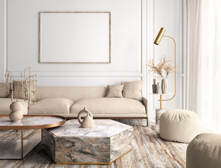 Interior design of modern apartment, living room with sofa and coffee tables 3d rendering