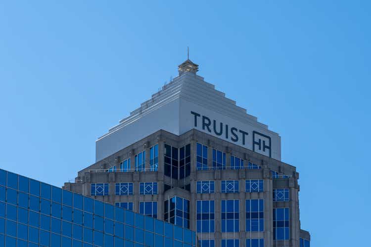 The Truist logo at the top of Truist Place in Tampa, FL, USA.