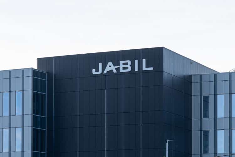Jabil sign on the building at their headquarters in St. Petersburg, Florida, USA.