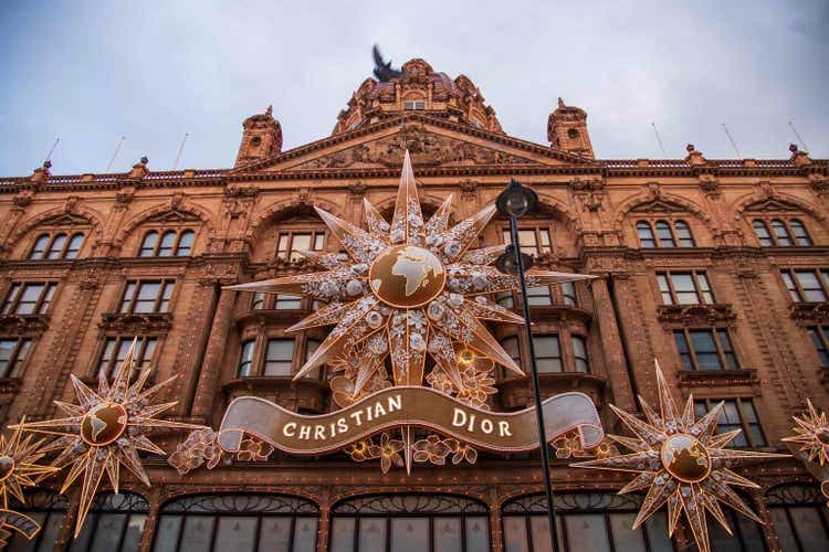 Christian Dior Christmas decorations on the front facade of Harrods department store in Knightsbridge