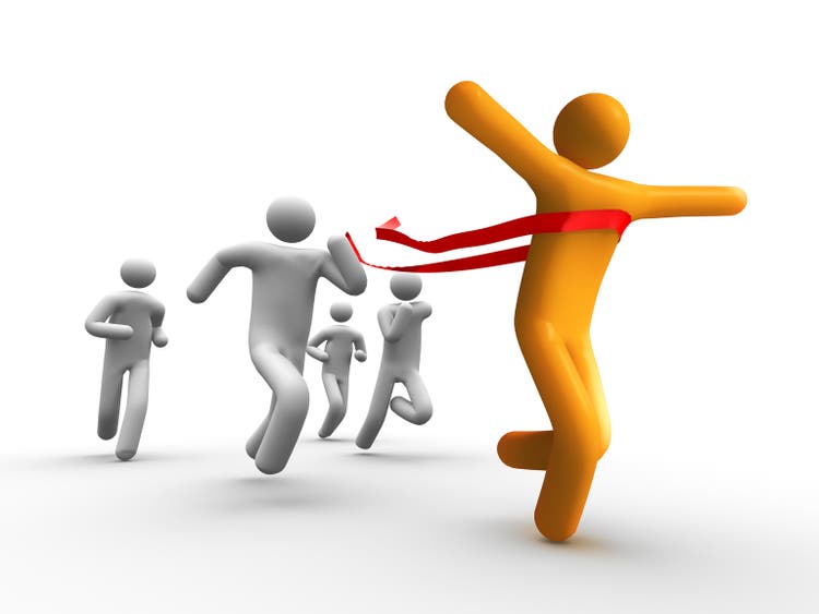 Orange stick man running ahead of four white figures winning