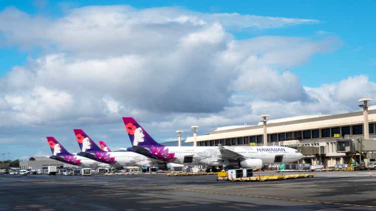 three Hawaiian Airlines Airbus A330s airplanes being prepped at Honolulu International Airport