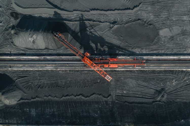 Aerial image directly above an industrial machine working in a coal pit, Vietnam